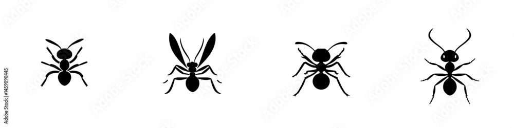Poster collection of flat black ant icons displaying different perspectives and styles in a minimalistic de