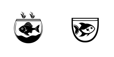 Black icons representing fish in bowls for aquatic themes and designs suitable for various applications