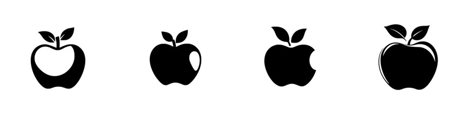 Different variations of a flat black apple icon with leaves in a simple, minimalist design suitable for various applications and themes