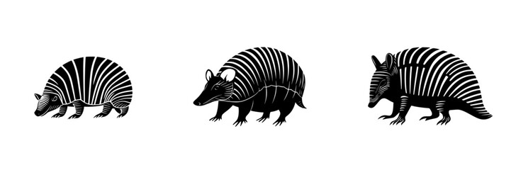 Flat black icon representing armadillos in a stylized, minimalistic design showcasing their distinctive features and patterns