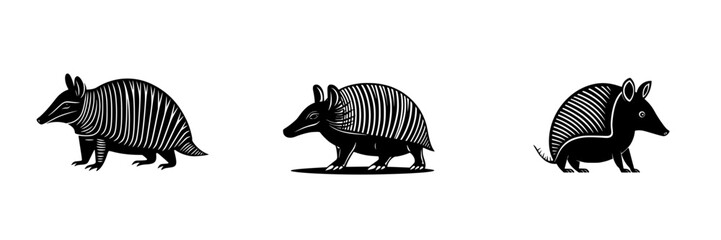 Flat black icon set showcasing three unique stylized armadillos in different poses and designs