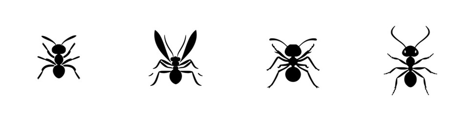Collection of flat black ant icons displaying different perspectives and styles in a minimalistic design for various uses