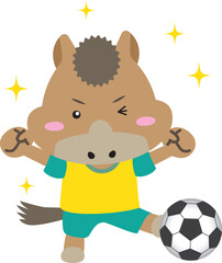 【午年・干支】サッカーをする元気な馬のキャラクター｜年賀状・スポーツ・子ども向けに最適なイラスト素材