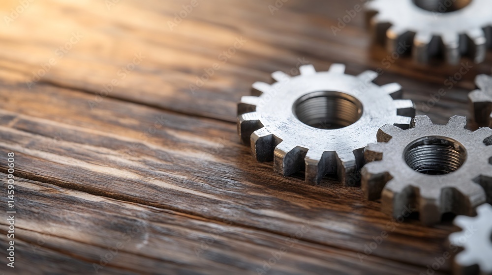 Poster close-up of metallic gears resting on a dark brown wooden surface, showcasing intricate details and 