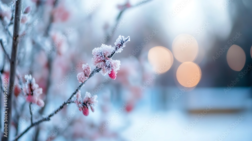 Poster close-up of frost-covered pink blossoms on a branch, delicate winter scene with blurred bokeh backgr