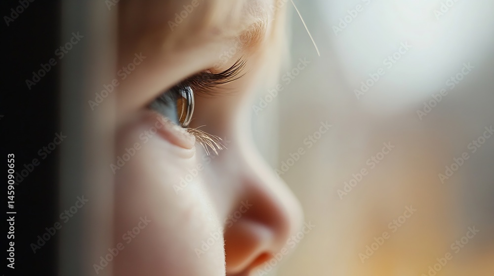 Poster Close-up profile view of a toddler's eye, showcasing long eyelashes and a curious gaze, soft light illuminating delicate facial features. : Generative AI