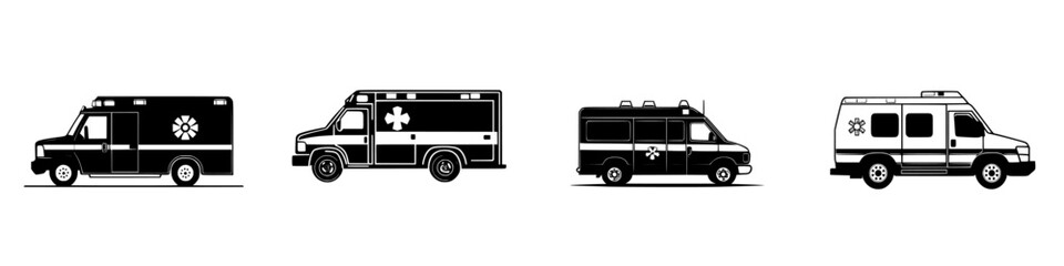 Collection of flat black ambulance icons showcasing various emergency medical vehicle designs