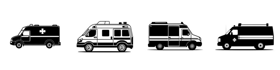 Various flat black icons of emergency vehicles portraying different ambulance designs and styles