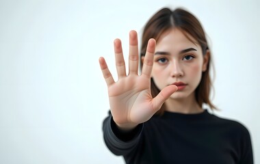 Woman raising hand stop gesture - concept of learning to set personal boundary or say no -  limits set for ourselves towards others to protect our space and energy.