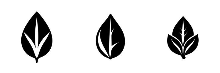 Stylized black leaf icons representing various shapes and designs against a white background