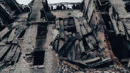 ruined street and destroyed houses in Ukraine