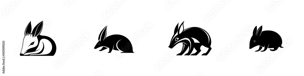 Poster flat black icons of different rabbit designs depicting various poses and styles in a minimalist styl