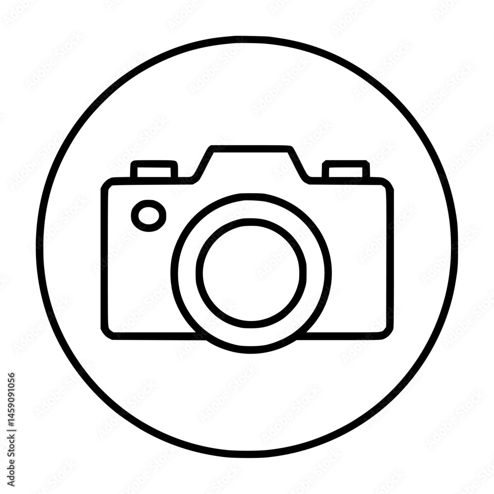 Poster flat black camera icon featuring a simplistic design inside a circular outline representing photogra