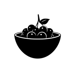 Black icon of a bowl filled with round fruit that includes a leaf on top, symbolizing freshness and healthy eating habits in design