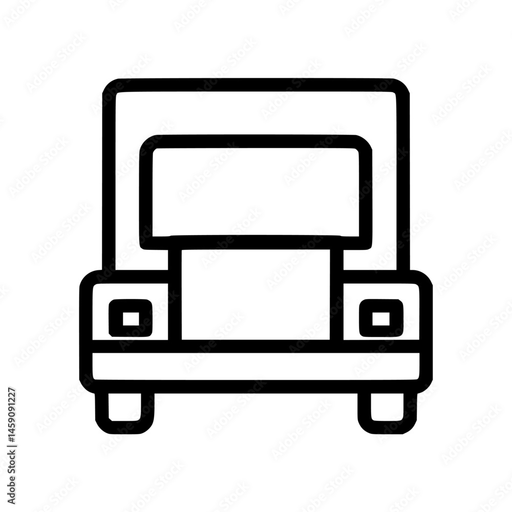 Poster simple flat black icon of a front view of a utility truck, showing basic features and minimalistic d