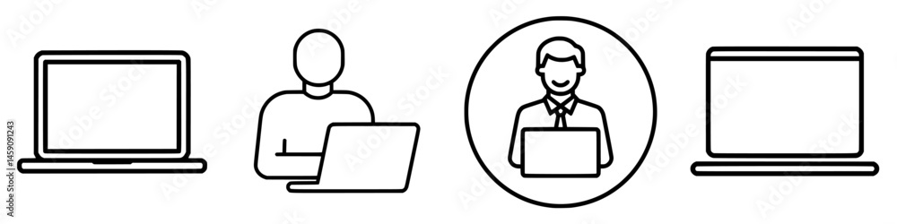 Poster icon set illustrating individuals engaged with laptops in a work environment while showcasing variou