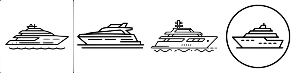 Flat black icons of luxury yachts showcasing various designs and styles for elegant nautical themes