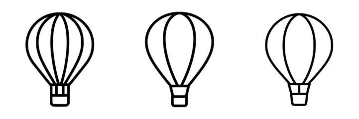 Flat black icon set of three hot air balloons featuring simple shapes and clean lines ideal for design projects