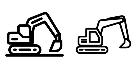 Flat black icons of construction excavators side by side showcasing different poses and designs, ideal for various graphic applications
