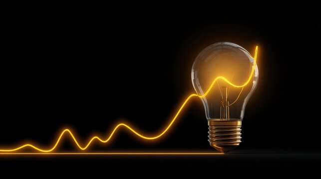 A 4K photo of glowing Lightbulb with upward yellow wavy line depicting rising electricty,energy costs or prices.