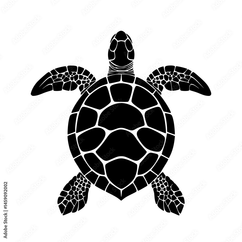 Poster black icon of a sea turtle in a flat design showcasing smooth curves and detailed shell patterns