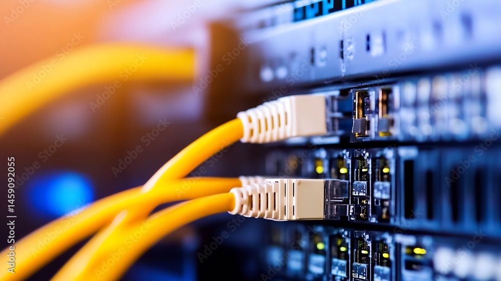 Poster Close-up view of fiber optic cables connected to a network server, showcasing the intricate details of data transmission technology. : Generative AI