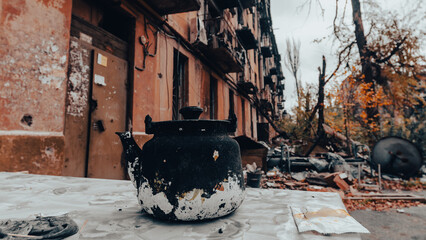 ruined street and destroyed houses in Ukraine