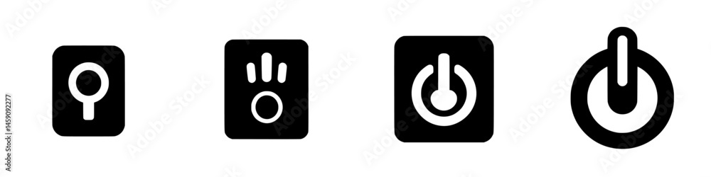 Poster flat black icons representing various functions including power, status, and control used in digital