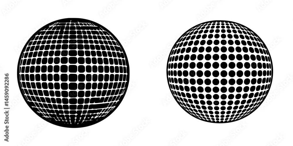Poster flat black icons depicting spherical designs with grid patterns in a minimalistic style for graphic 