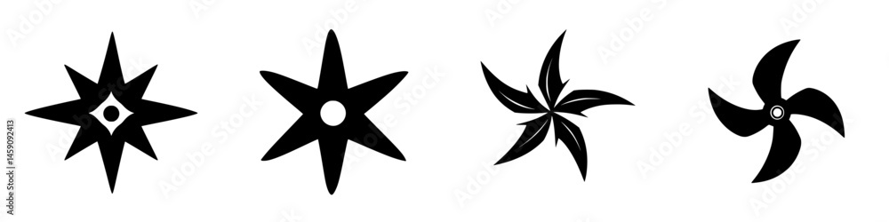 Poster unique flat black icons representing various abstract star shapes and wind elements for creative des