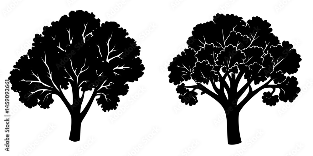 Poster black flat icons of two distinct tree silhouettes showcasing unique branch structures