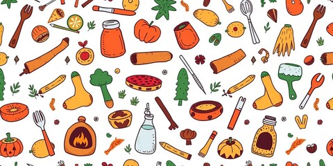 A whimsical doodle pattern of camping food, utensils, and nature elements, perfect for textiles and backgrounds, print, spoon