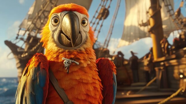 Colorful parrot portrait on pirate ship