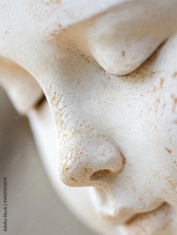 Poster close-up view of a weathered, off-white plaster statue's nose and face, showcasing texture and subtl