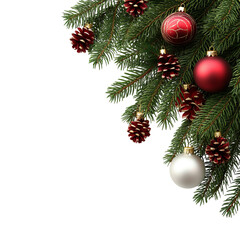 Christmas ornaments on fir branches.  Red and silver baubles and pine cones decorate a festive corner arrangement.