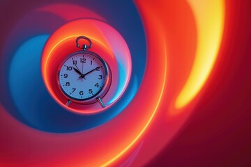 Cosmic Time Spiral. Cosmic time spiral unfolds as spiraling clock against vibrant red and blue contrasting background.