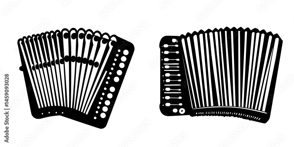 Poster black flat icons of two distinct accordion styles showing musical instruments in a minimalist design