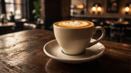 Warm Cappuccino Moments in Cozy Coffee Shop, Latte Art and Soft Lighting