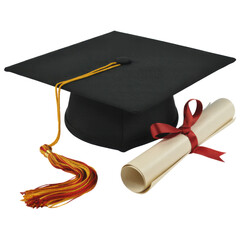 Graduation Cap and Diploma with Red Ribbon