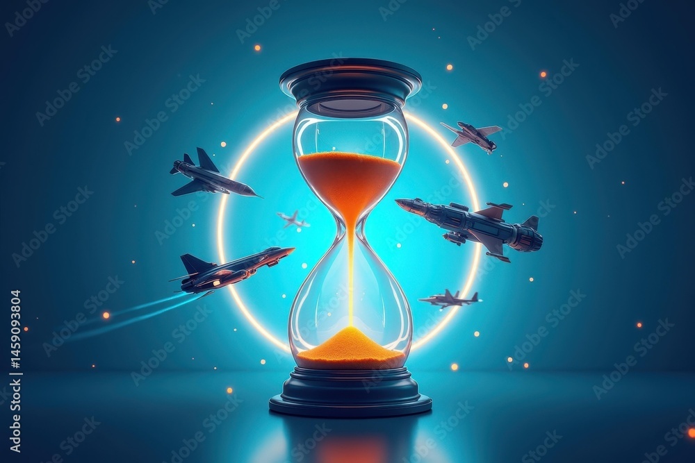 Aufkleber time flies fast. chaotic hourglass overflows with speeding airplanes symbolizing how fleeting time r
