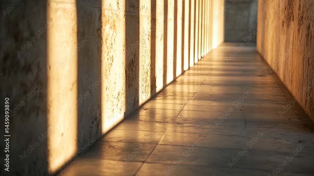 Poster golden sunlight streams through a narrow corridor, illuminating textured stone walls and a pale marb