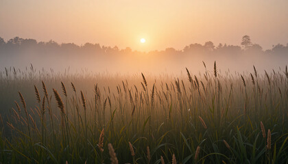 Wheat field with misty morning light