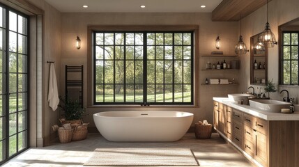 Rustic bathroom interior with natural light and modern elements.