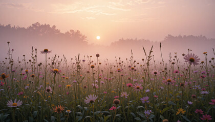 Sunrise over misty meadow field