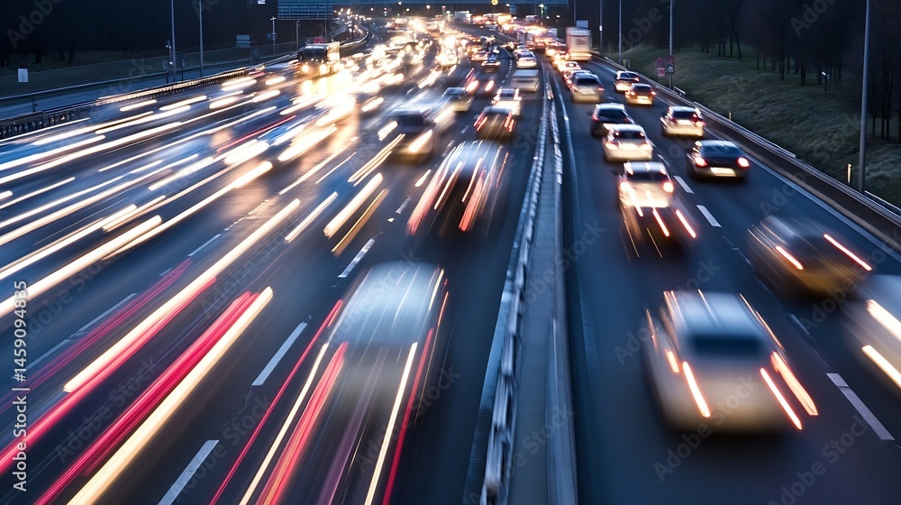 Aufkleber night traffic on a multi-lane highway, showcasing blurred light trails of cars moving at high speed,