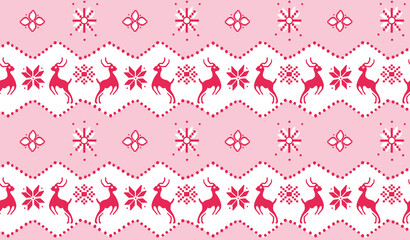 High-resolution Scandinavian-style vector illustration of a pink Christmas seamless pattern. The design features reindeer and snowflakes in pastel colors set against a white background. With a flat de
