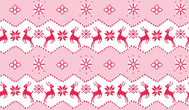High-resolution Scandinavian-style vector illustration of a pink Christmas seamless pattern. The design features reindeer and snowflakes in pastel colors set against a white background. With a flat de