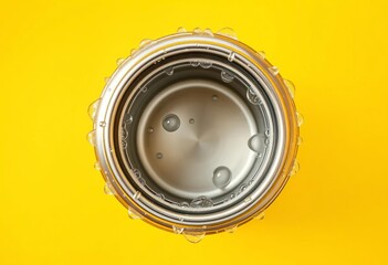 Top view stainless steel thermos with condensation, yellow background, thermos, drops