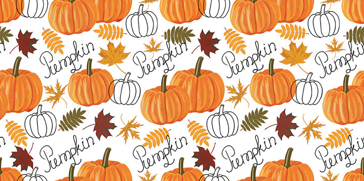 High resolution and high quality vector illustration of an autumn seamless pattern. The design features pumpkins and leaves on a white background, with the text "Pumpkin" incorporated. In a flat desig