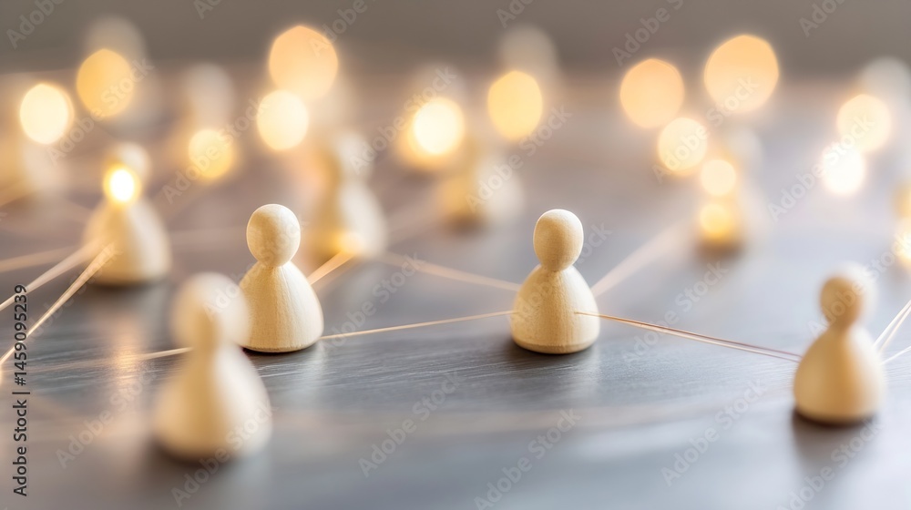 Poster wooden figures interconnected by thin lines, symbolizing network, community, or collaboration, illum
